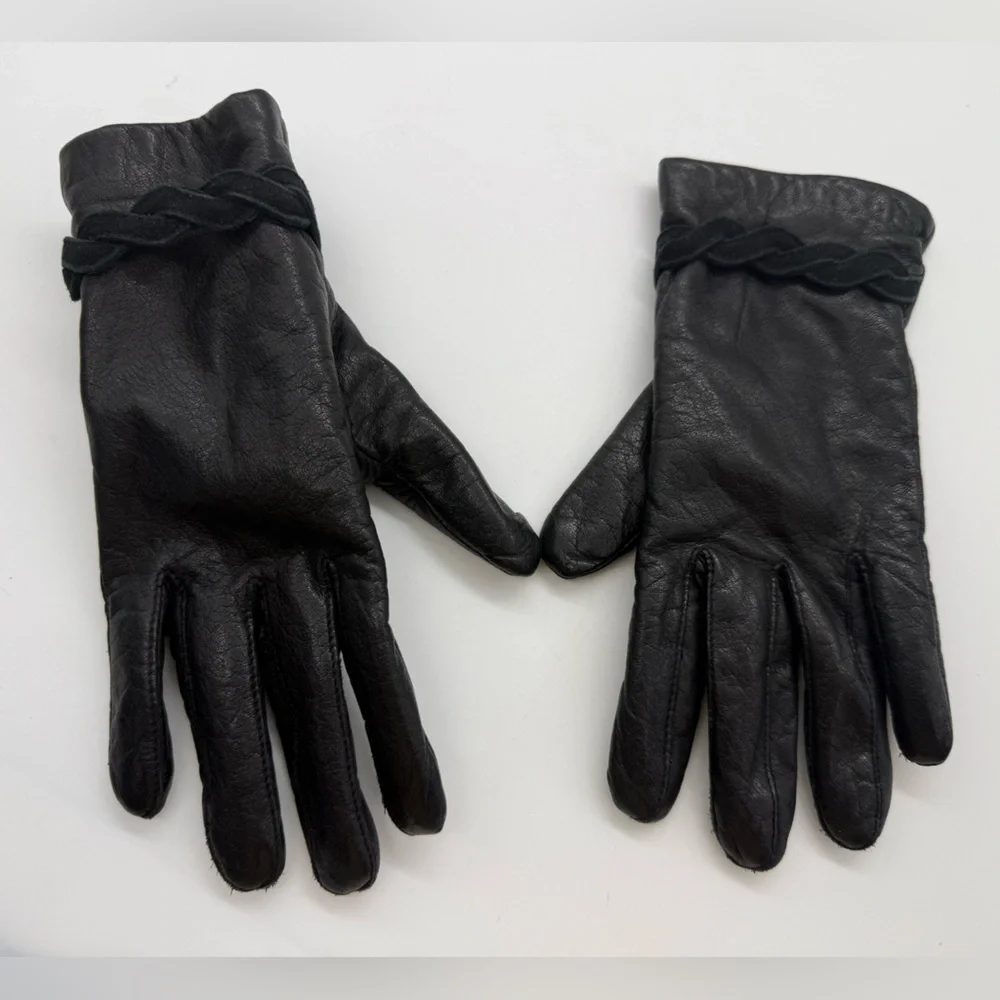 Vintage Genuine Soft Leather Gloves Black Braided Acrylic Western Women Small